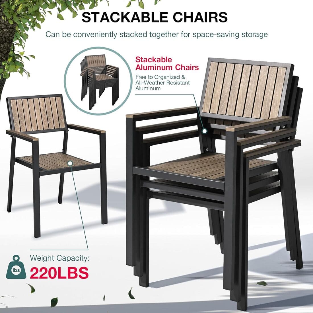 Aluminum and Wood Outdoor Dining Set - 4 Colors, 6-Pc or 8-Pc Set