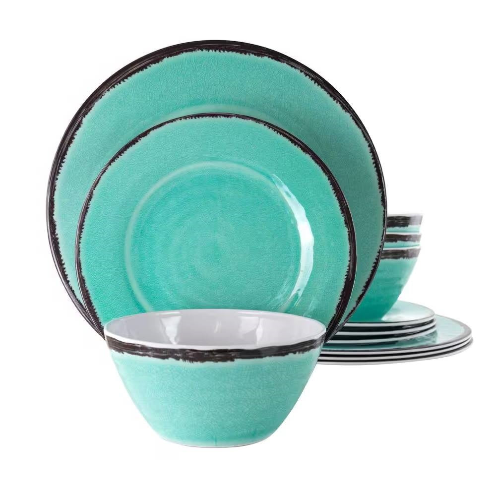 12-Piece Melamine Plates/ Bowls Dinnerware Set in Turquoise Blue - Service for 4