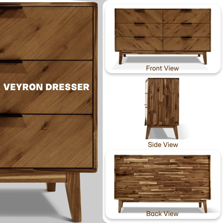 Veyron Acacia 6 Drawer Dresser in Walnut or Oak Finish
