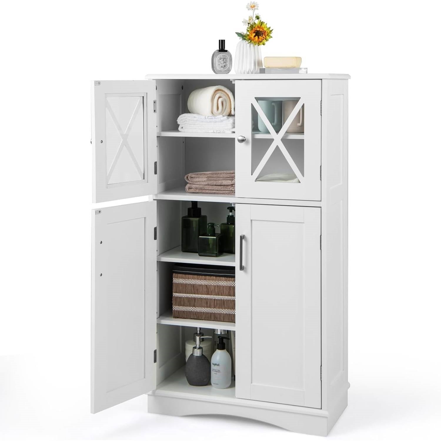Bathroom Linen Cabinet with Glass Doors in White