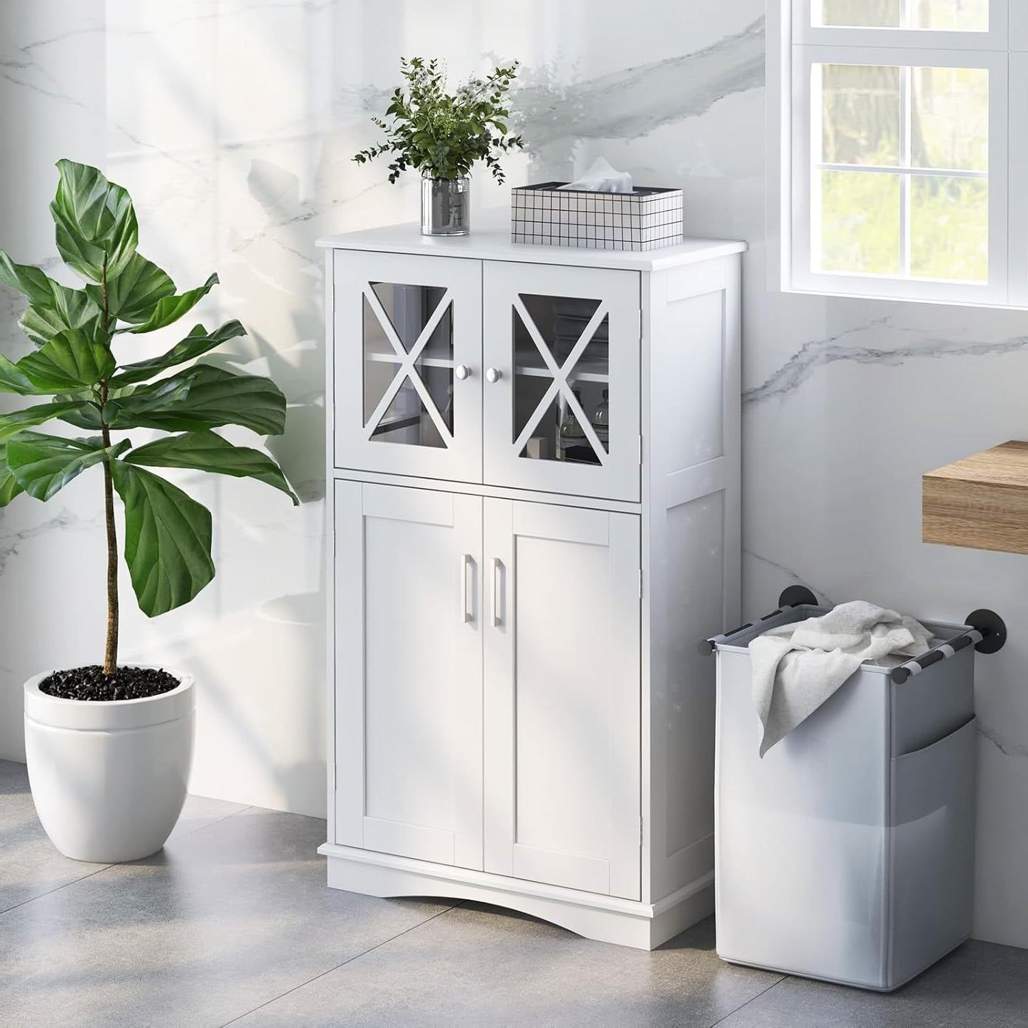 Bathroom Linen Cabinet with Glass Doors in White