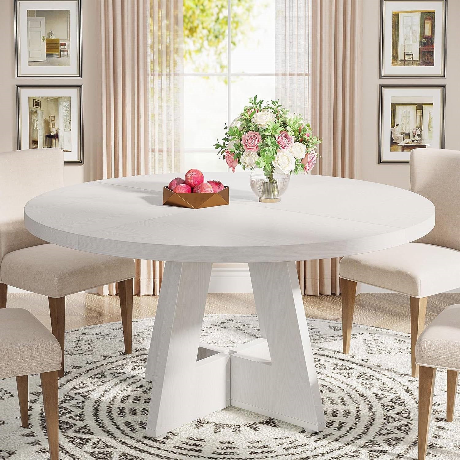 Modern Kitchen Round Dining Table for 4 in White Wood Finish
