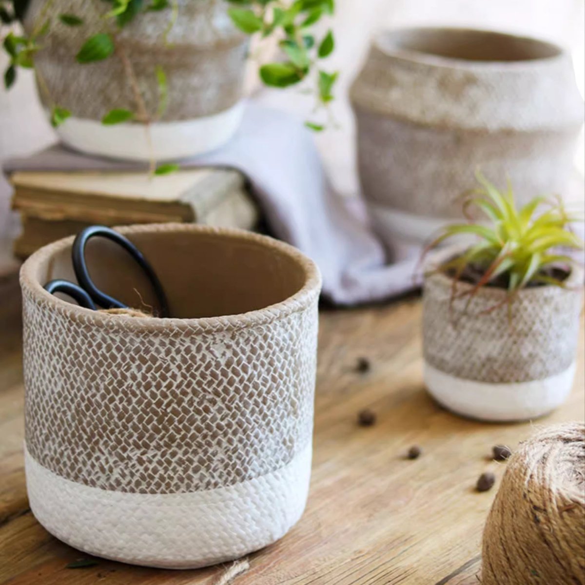 Boho Straw-Look Concrete Planter