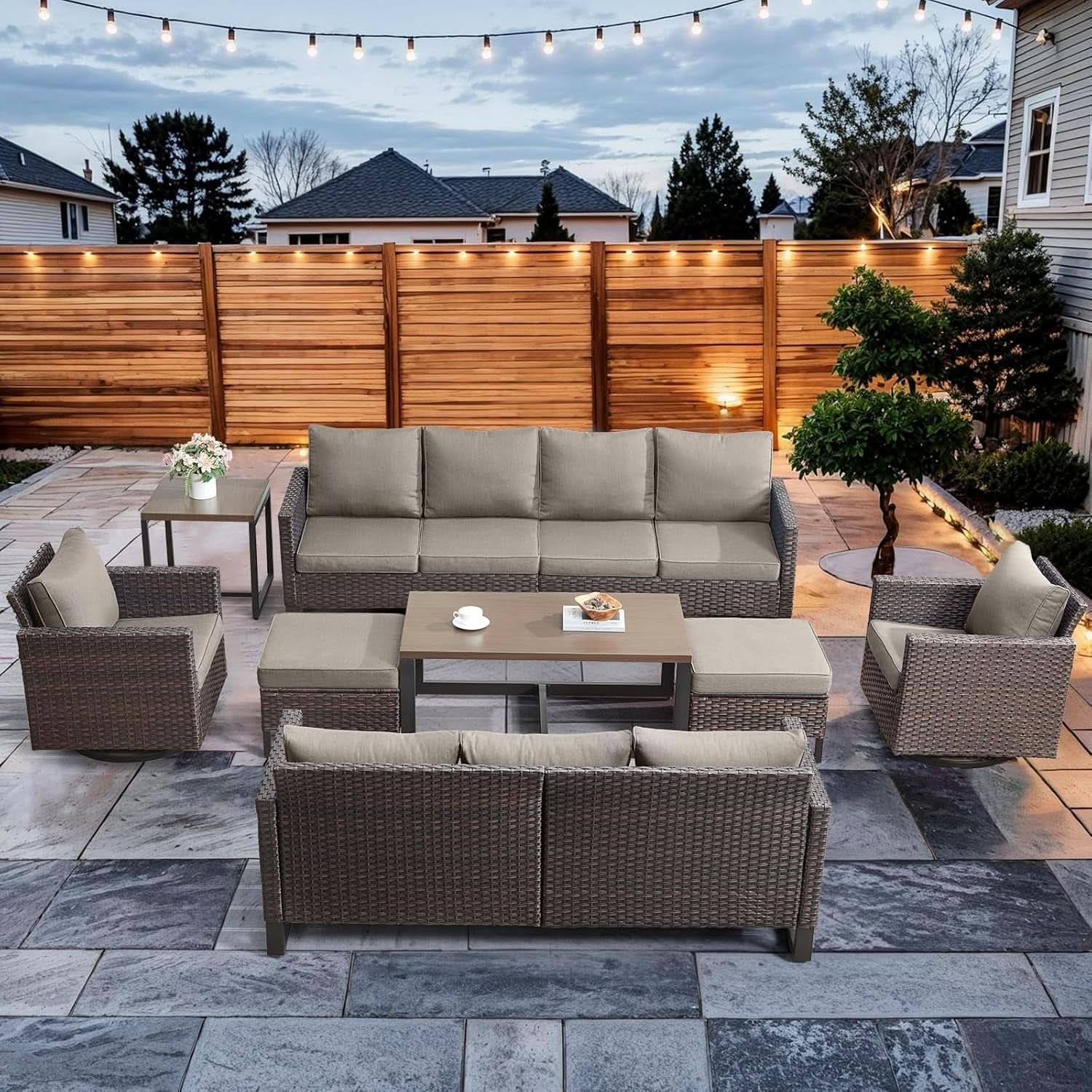 9 Piece Wicker Patio Furniture Set with 2 Sofas and 2 Swivel Rockers - Brown/Gray