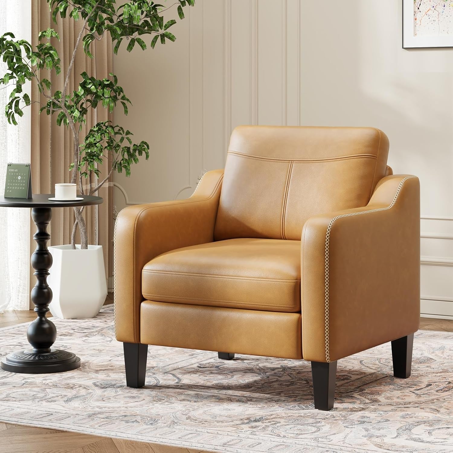 Brown PU Leather Accent Armchair With Removable Cushions