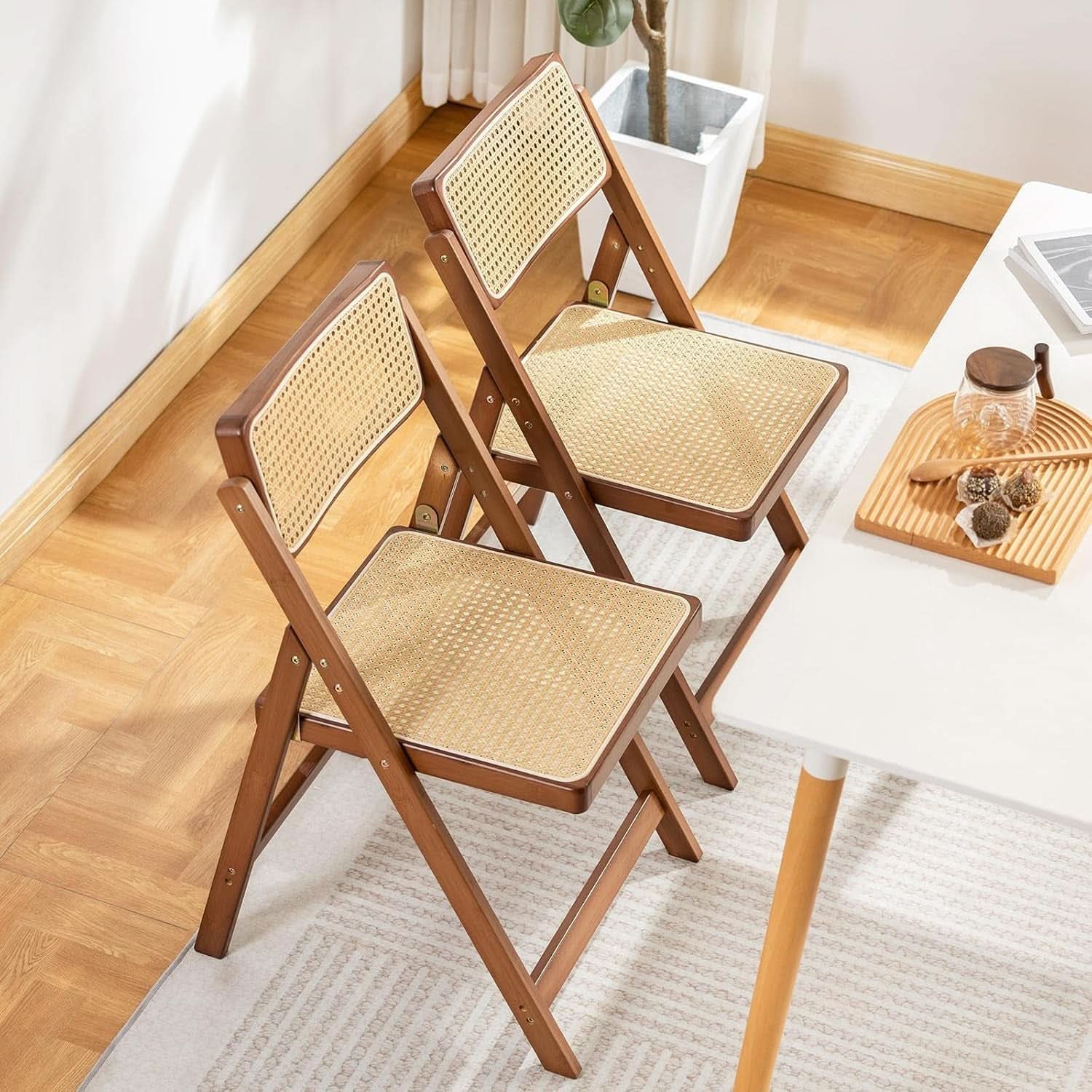 Set Of 2 Walnut Rattan Indoor/Outdoor Folding Chairs