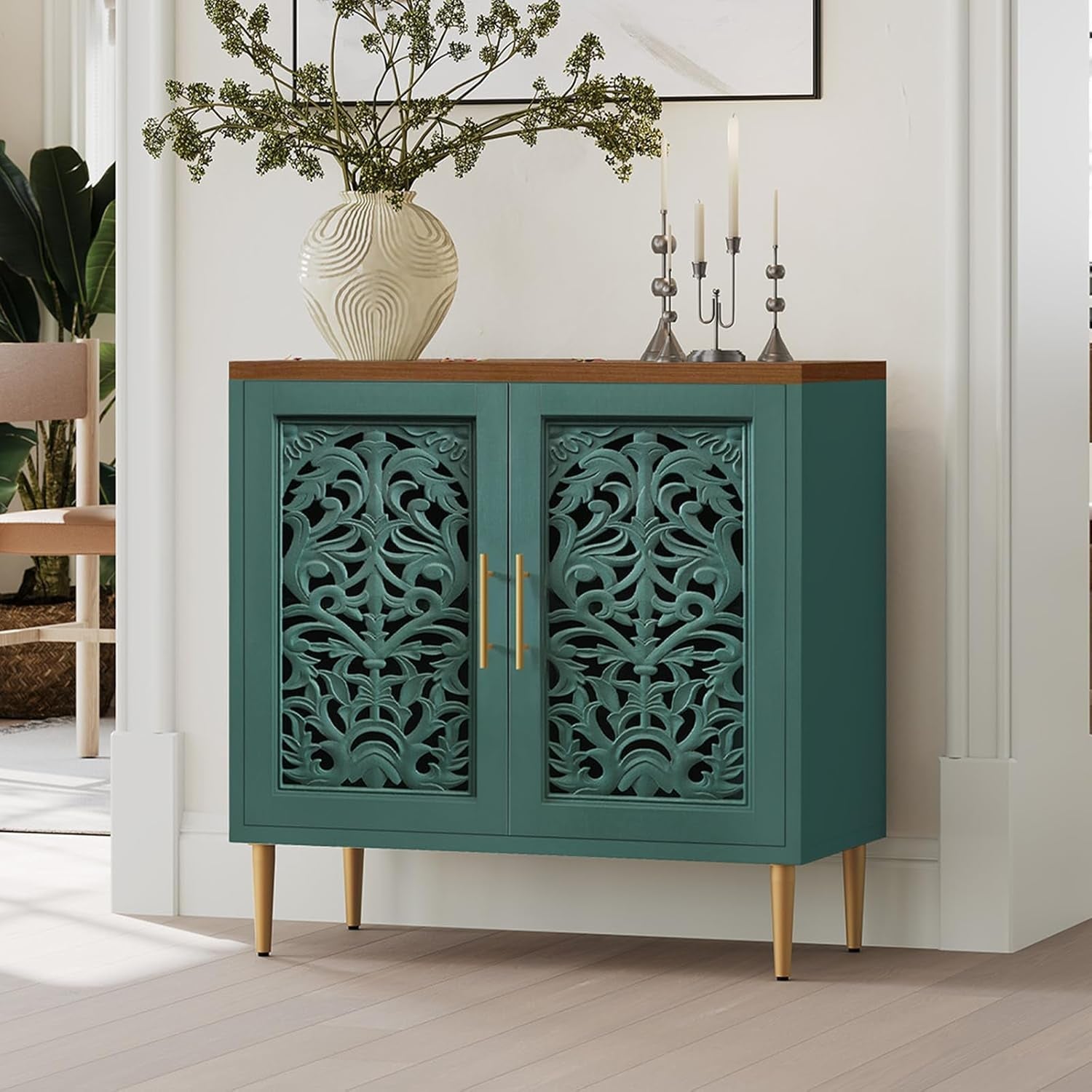 Green Carved Accent Cabinet