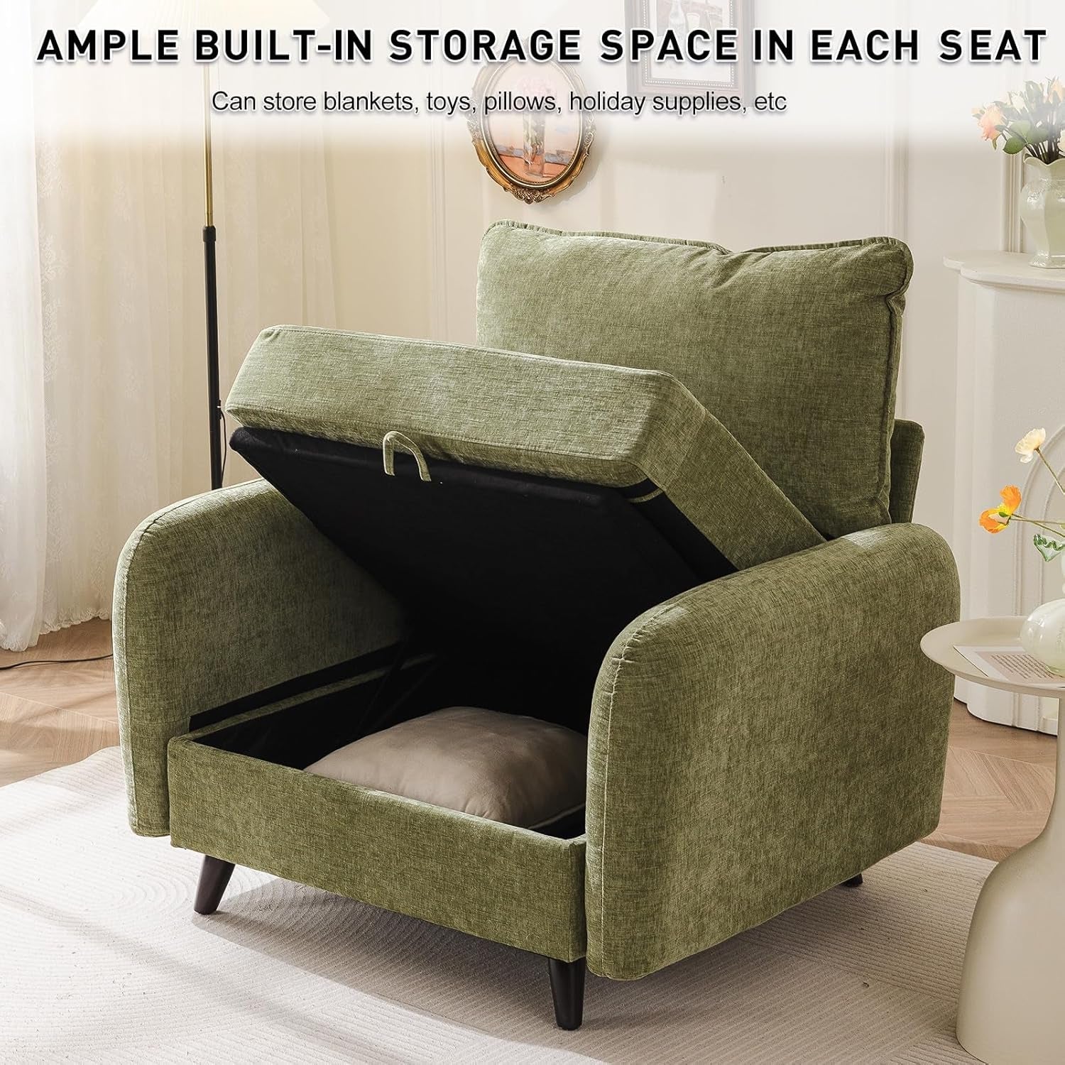 Oversized Accent Chair With Storage in Green Chenille