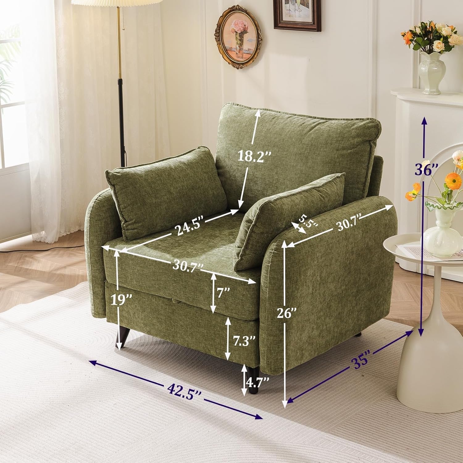 Oversized Accent Chair With Storage in Green Chenille