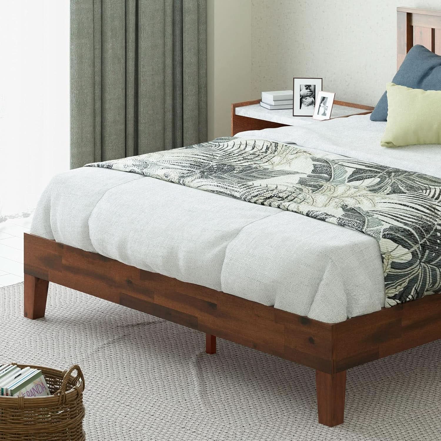 Queen Wood Platform Bed Frame With Slatted Headboard