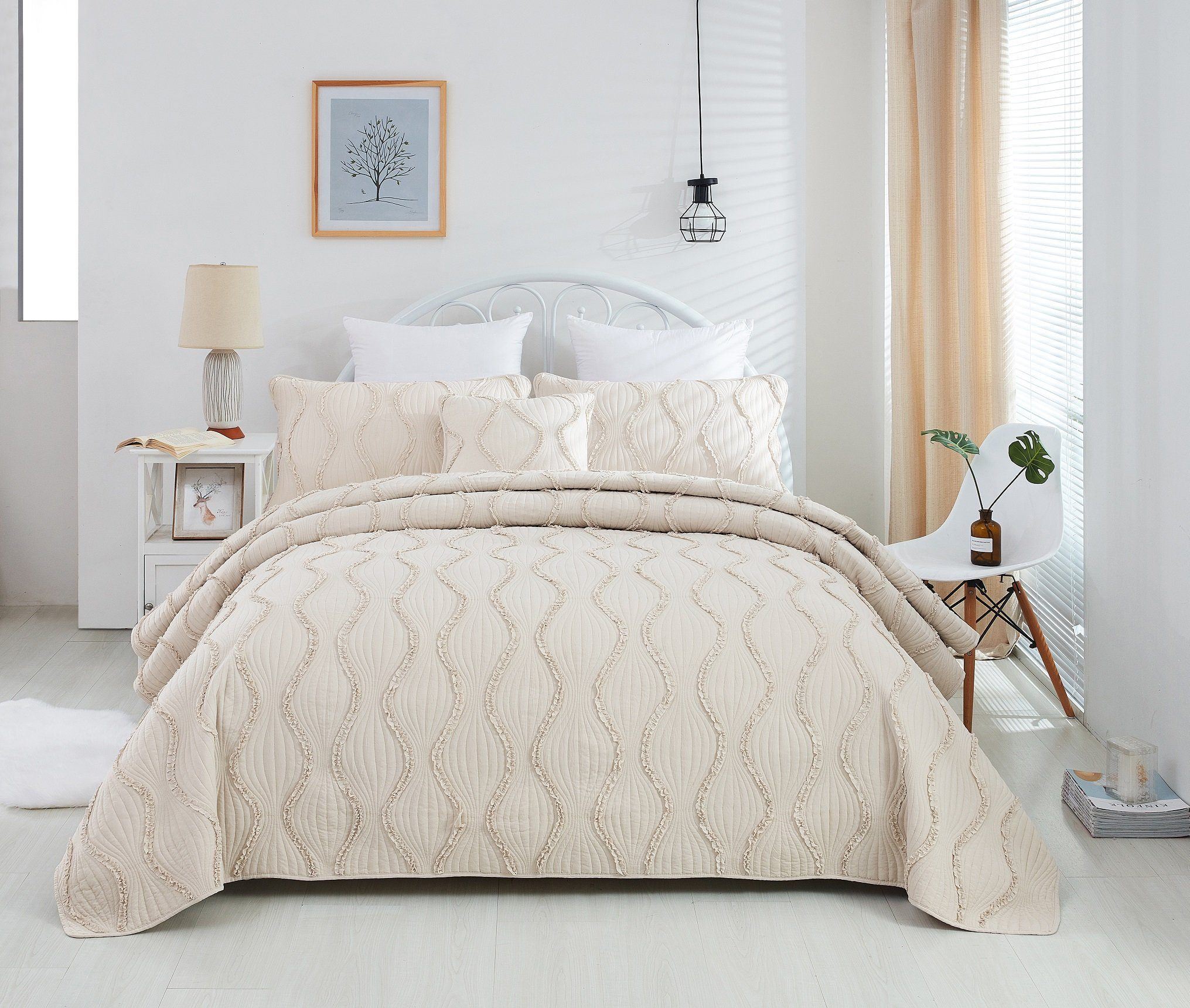French Country Ruffles Quilted Cotton Bedding Set - Cream
