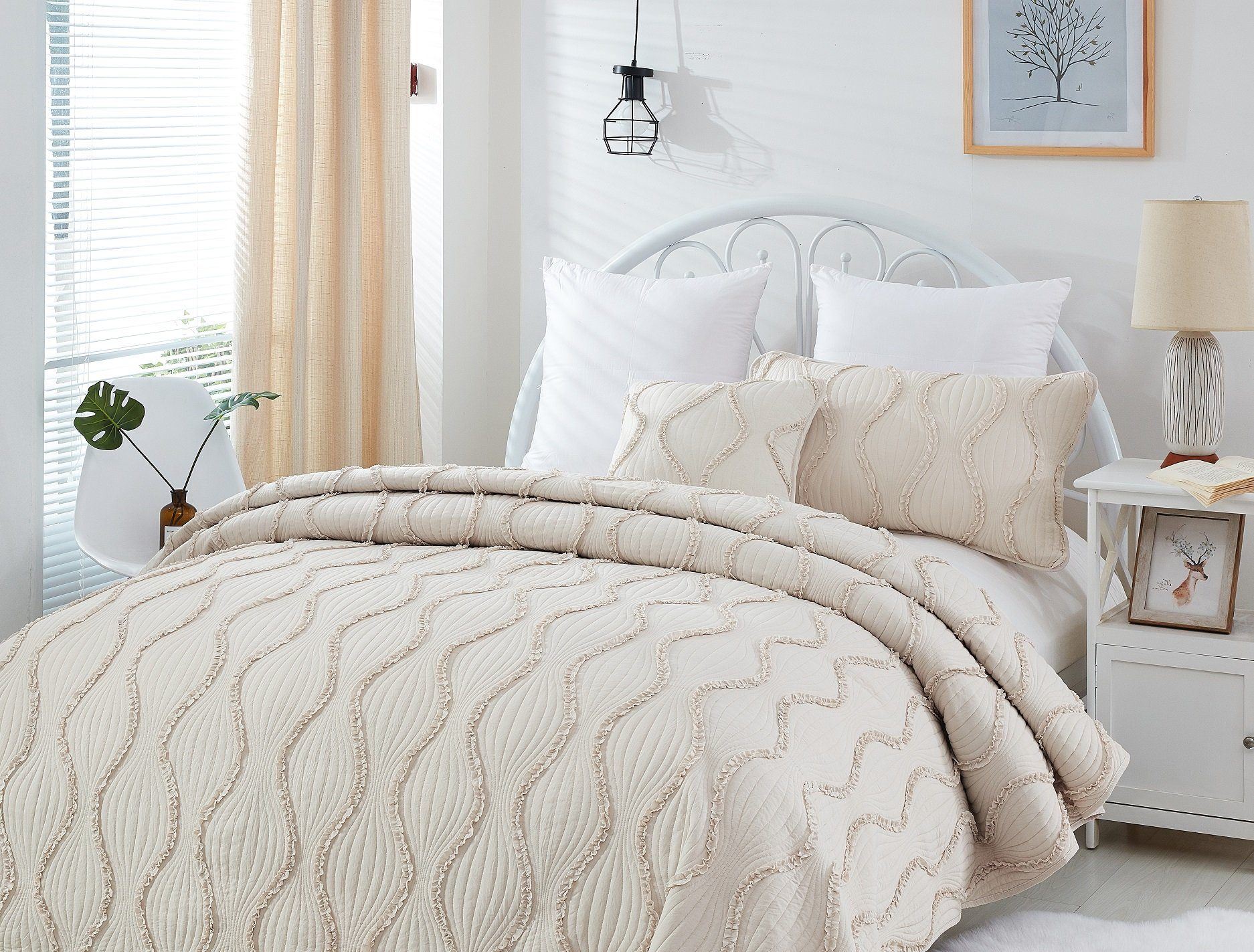French Country Ruffles Quilted Cotton Bedding Set - Cream