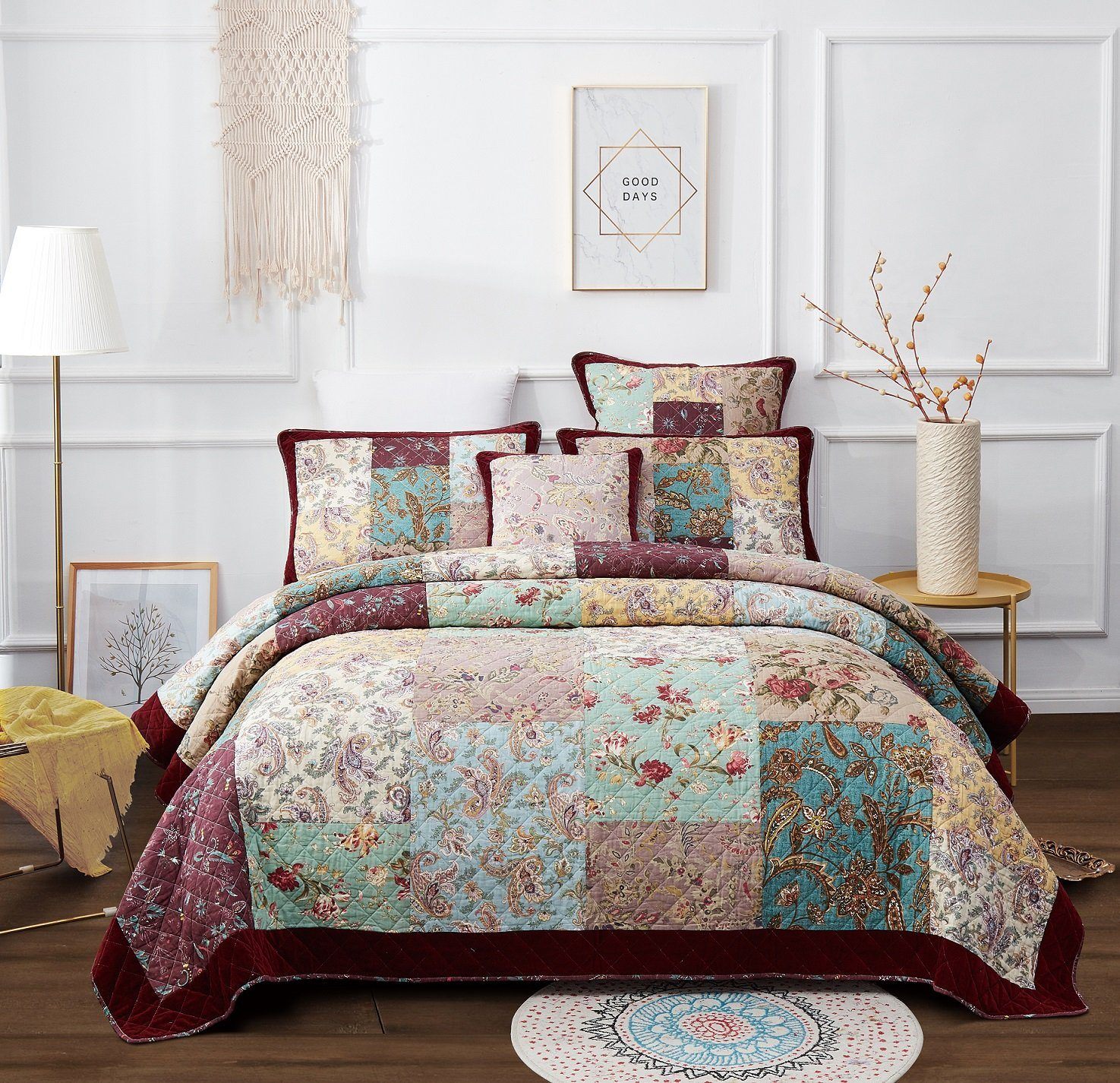 Bohemian Burgundy Velvet Trim Floral Paisley Patchwork Cotton Bedding