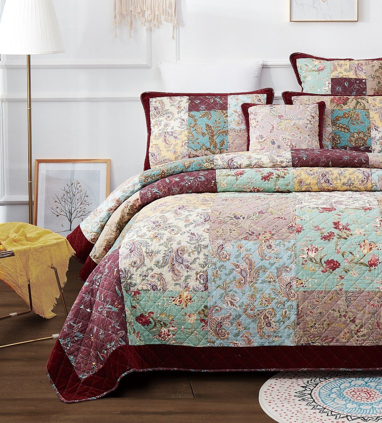 Bohemian Burgundy Velvet Trim Floral Paisley Patchwork Cotton Bedding