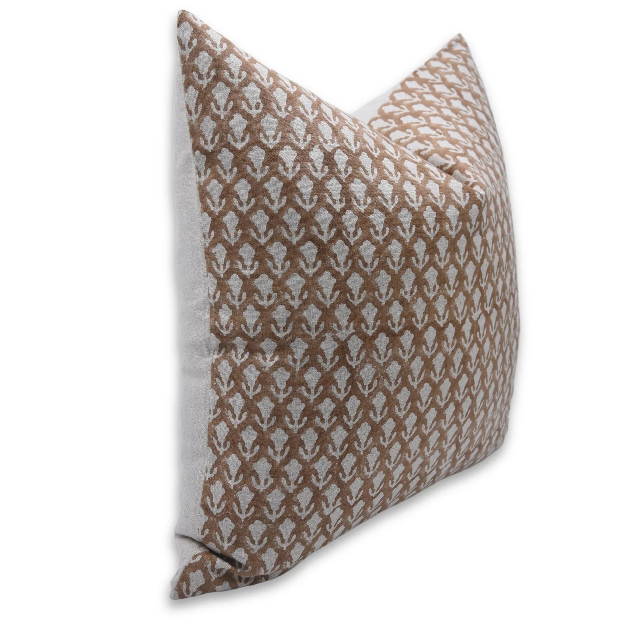 Brown Floral Block Print Linen Pillow Cover - Trishul