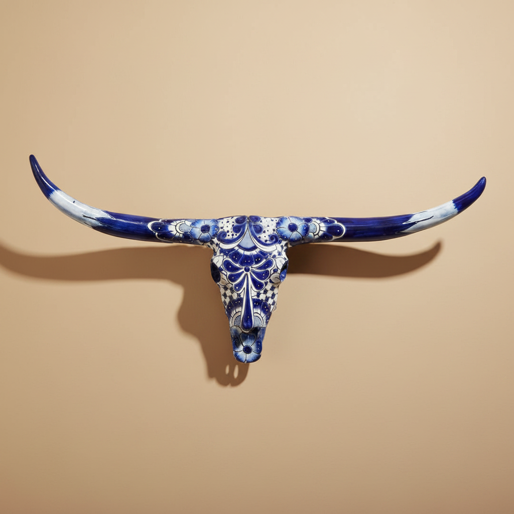 Talavera Longhorn Skull | Blue & White Mexican Wall Art