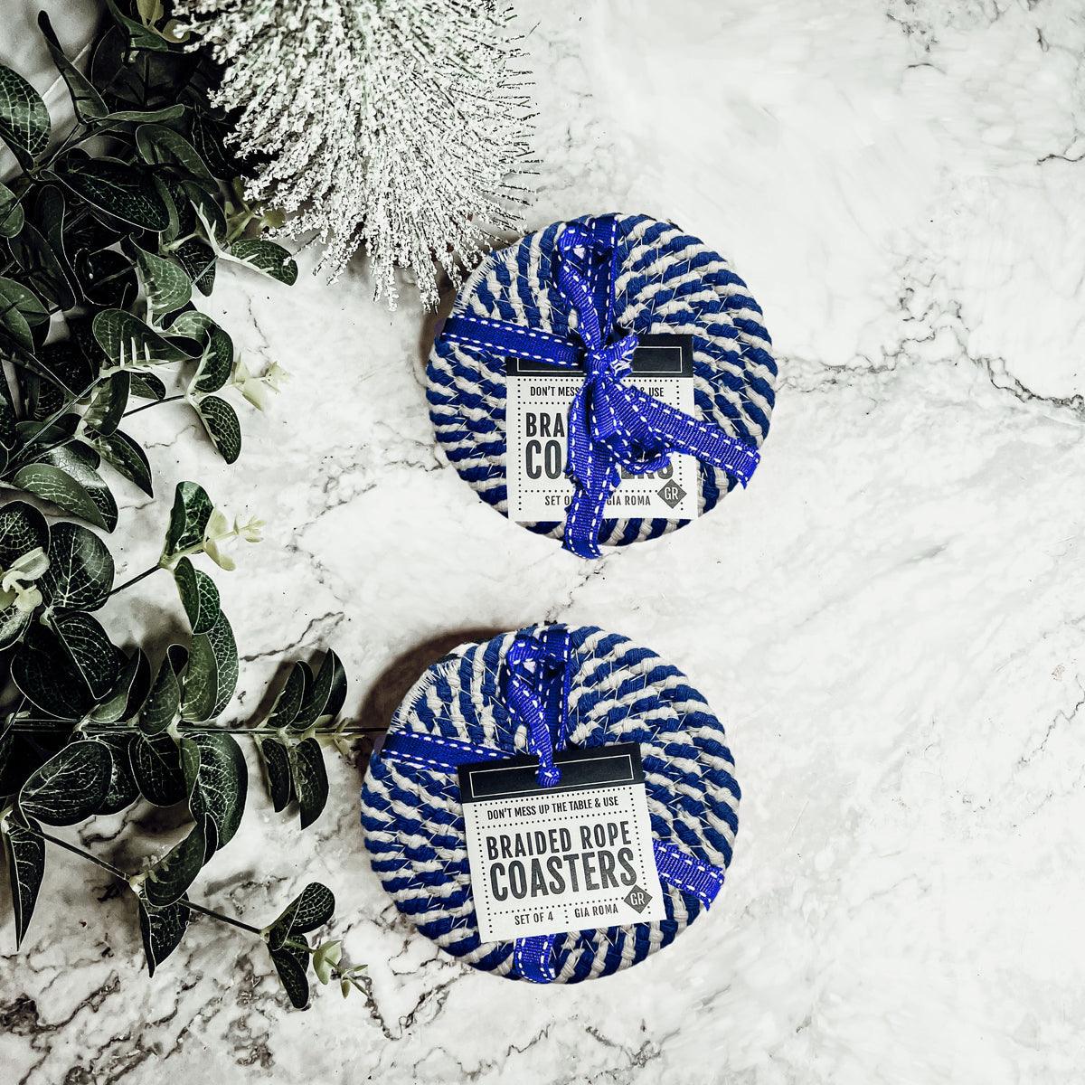 Blue and White Braided Coasters - Set of 4