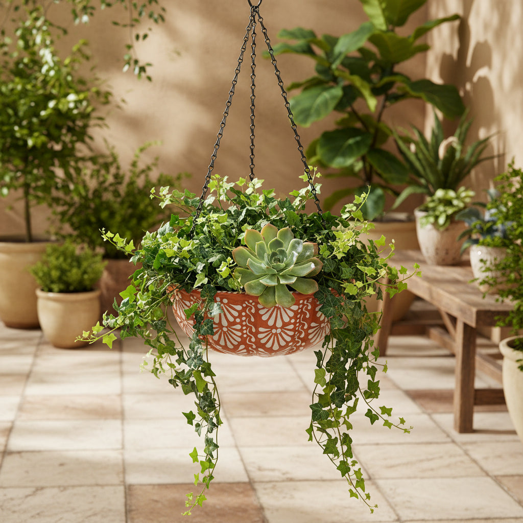 Brown & White Talavera Hanging Planter | Mexican Ceramic Pot