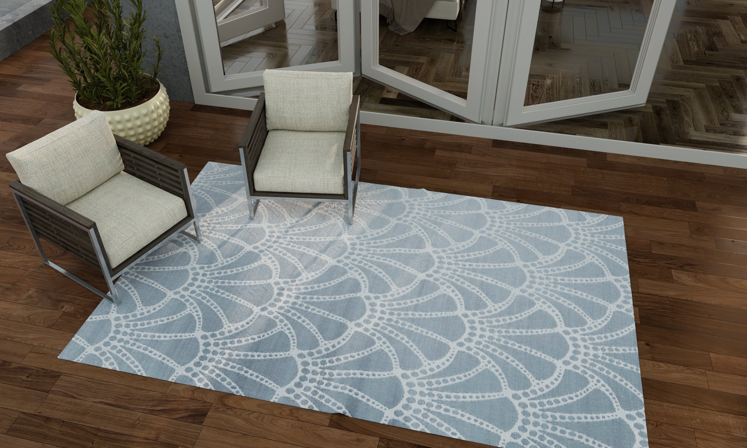 Scallop Gray/White Reversible Outdoor Mat