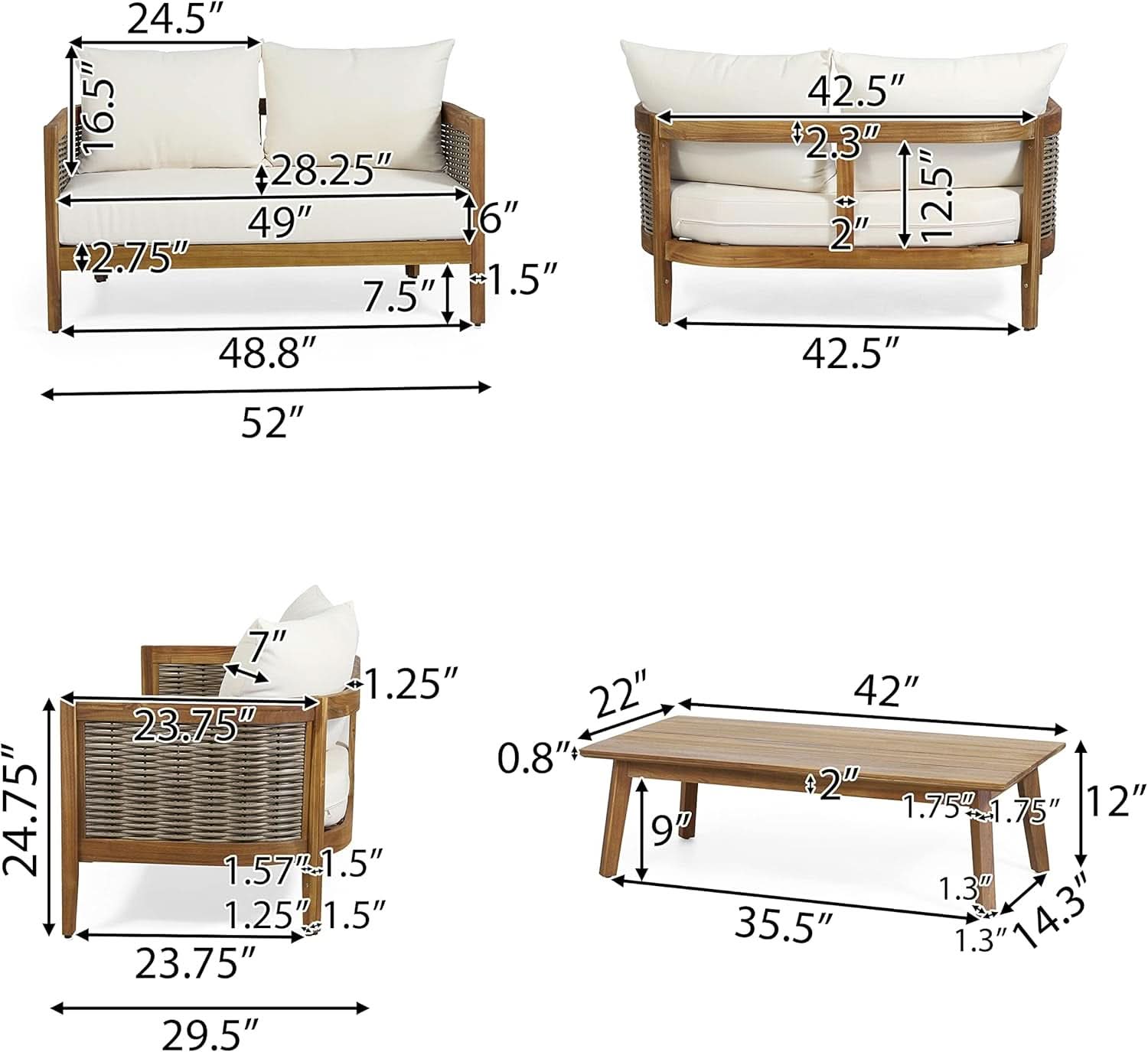 Burchett Outdoor 4 Piece Chat Set - Acacia Wood And Wicker Teak, Brown/Beige