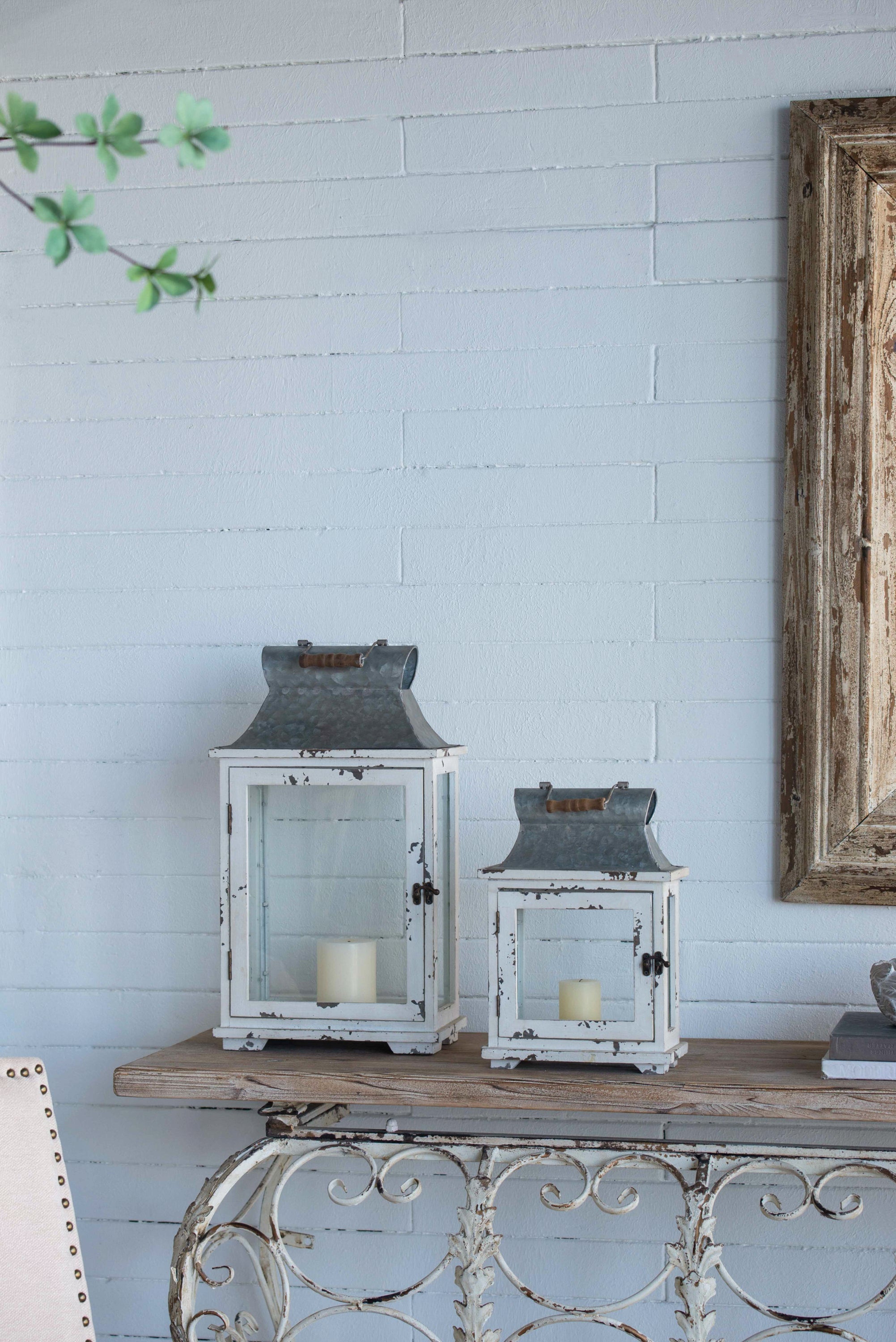 Rustic Wooden Hurricane Lanterns - Set of 2