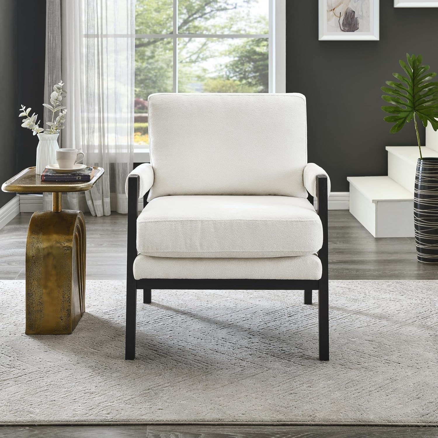 White Chenille Upholstered Mid Century Accent Armchair