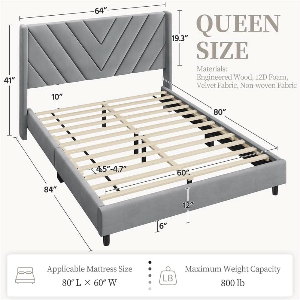 Queen Upholstered Bed Frame With Winged Tufted Headboard in Light Gray Velvet