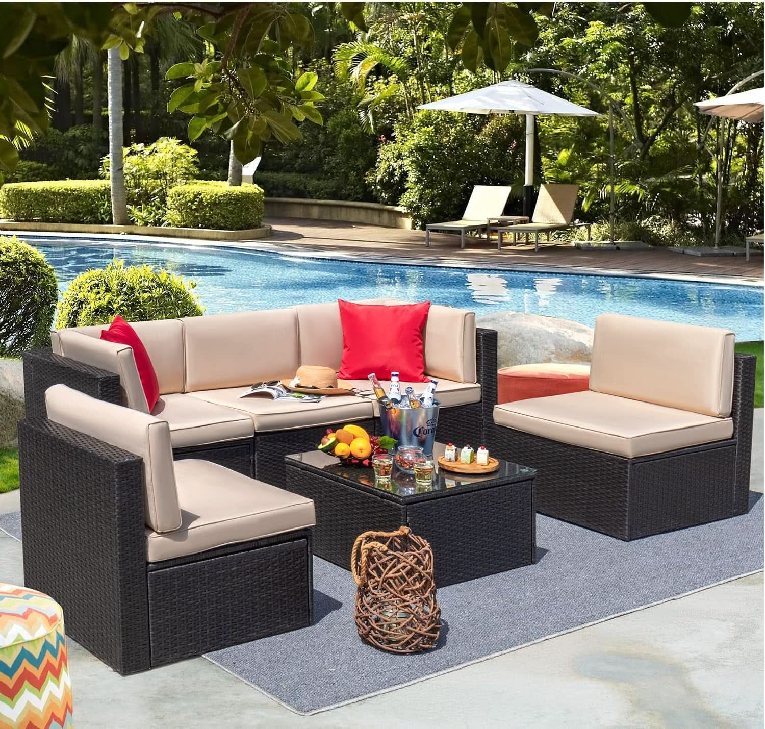 6 Piece Outdoor Rattan Sectional Sofa Set - Beige