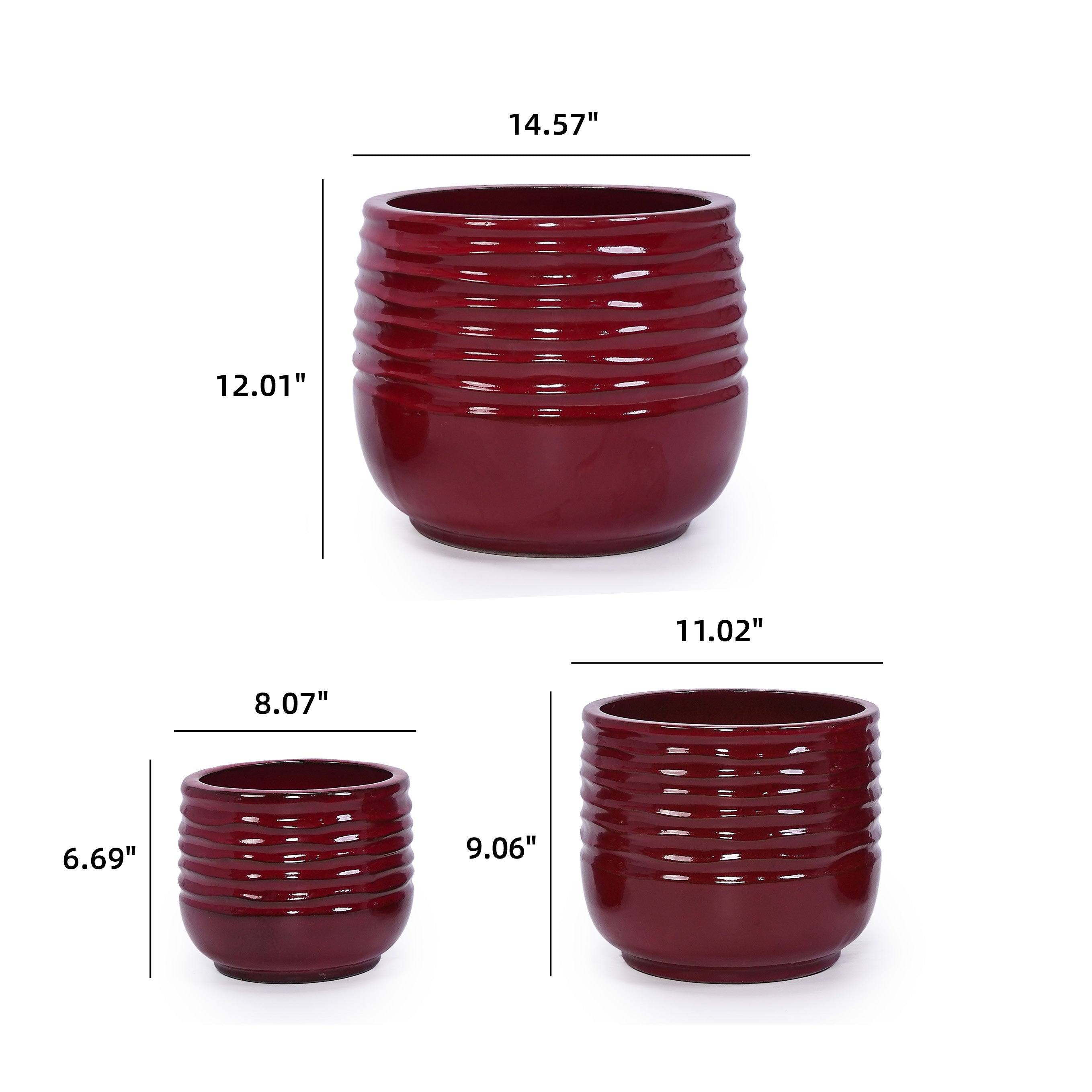 Set of 3 Ceramic Flowerpots - Bean Paste Red