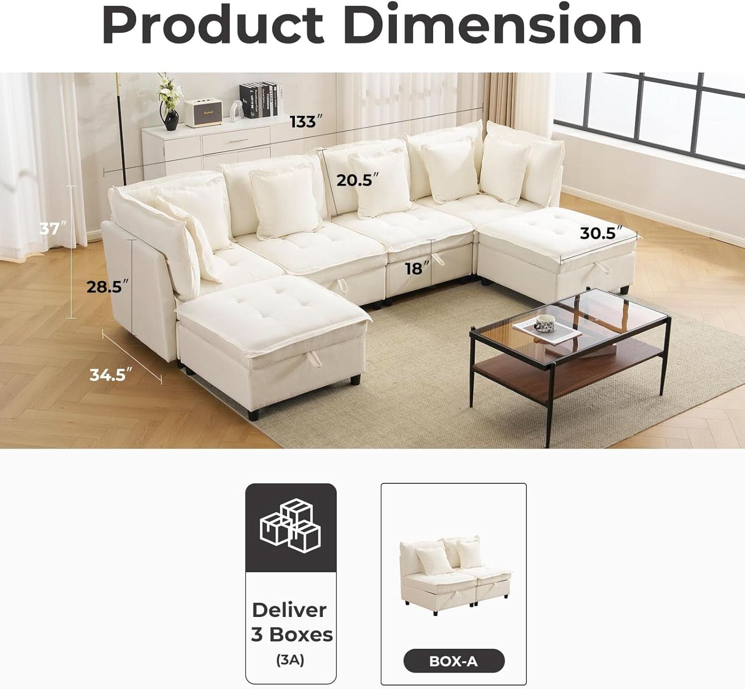 Oversized Modular Sectional Sofa w/Storage Ottoman - Cream
