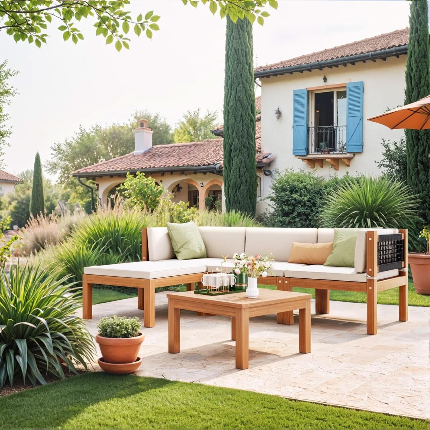 Minimalist Acacia Wood Outdoor Sectional Sofa Set with Beige Cushions