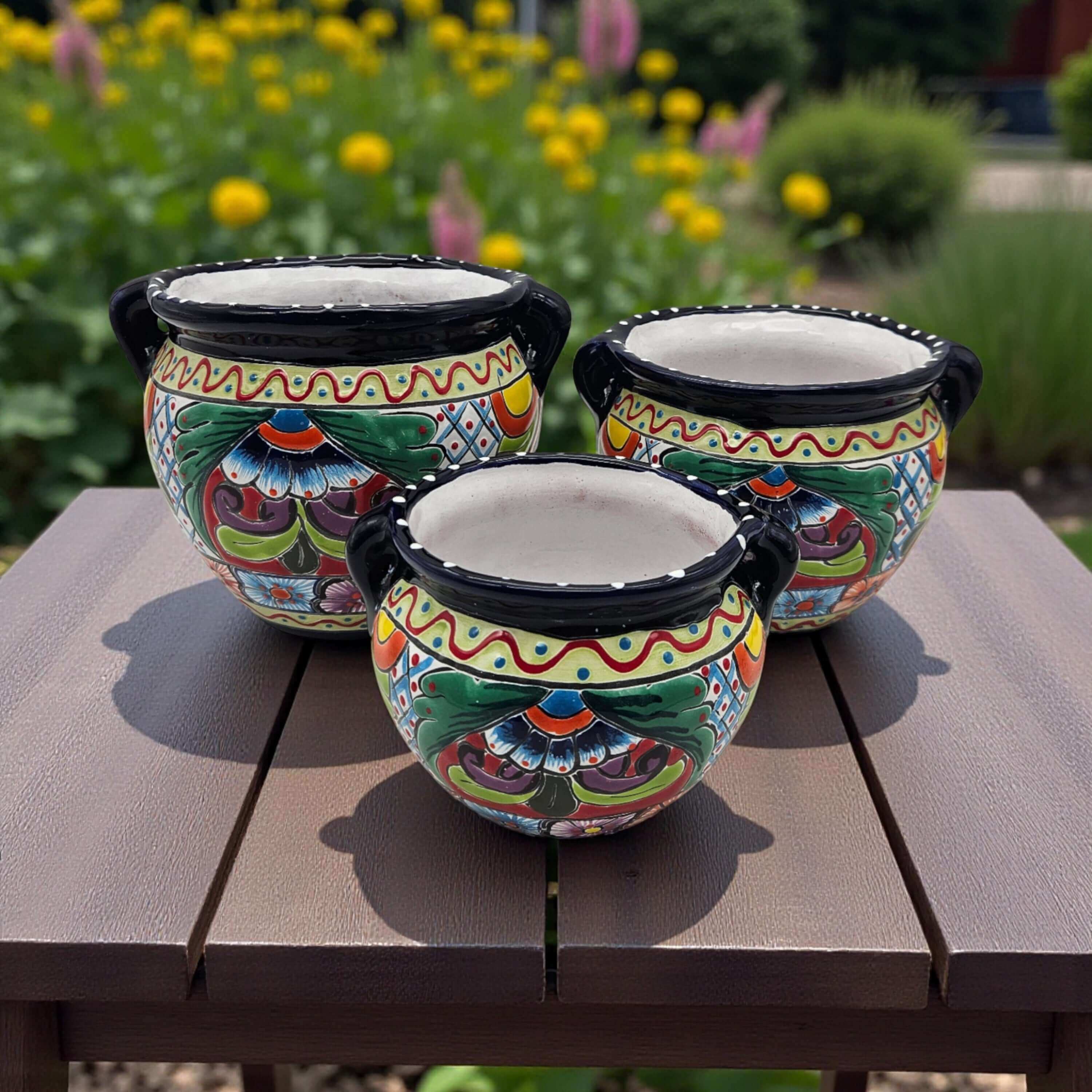 Cobalt Blue Rim Talavera Pot Trio | Hand-Painted Planters - 3 Pc Set