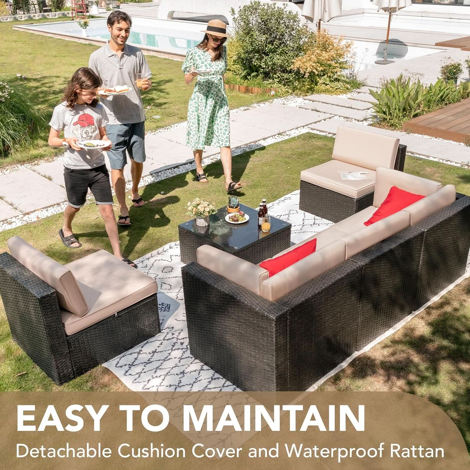 6 Piece Outdoor Rattan Sectional Sofa Set - Beige