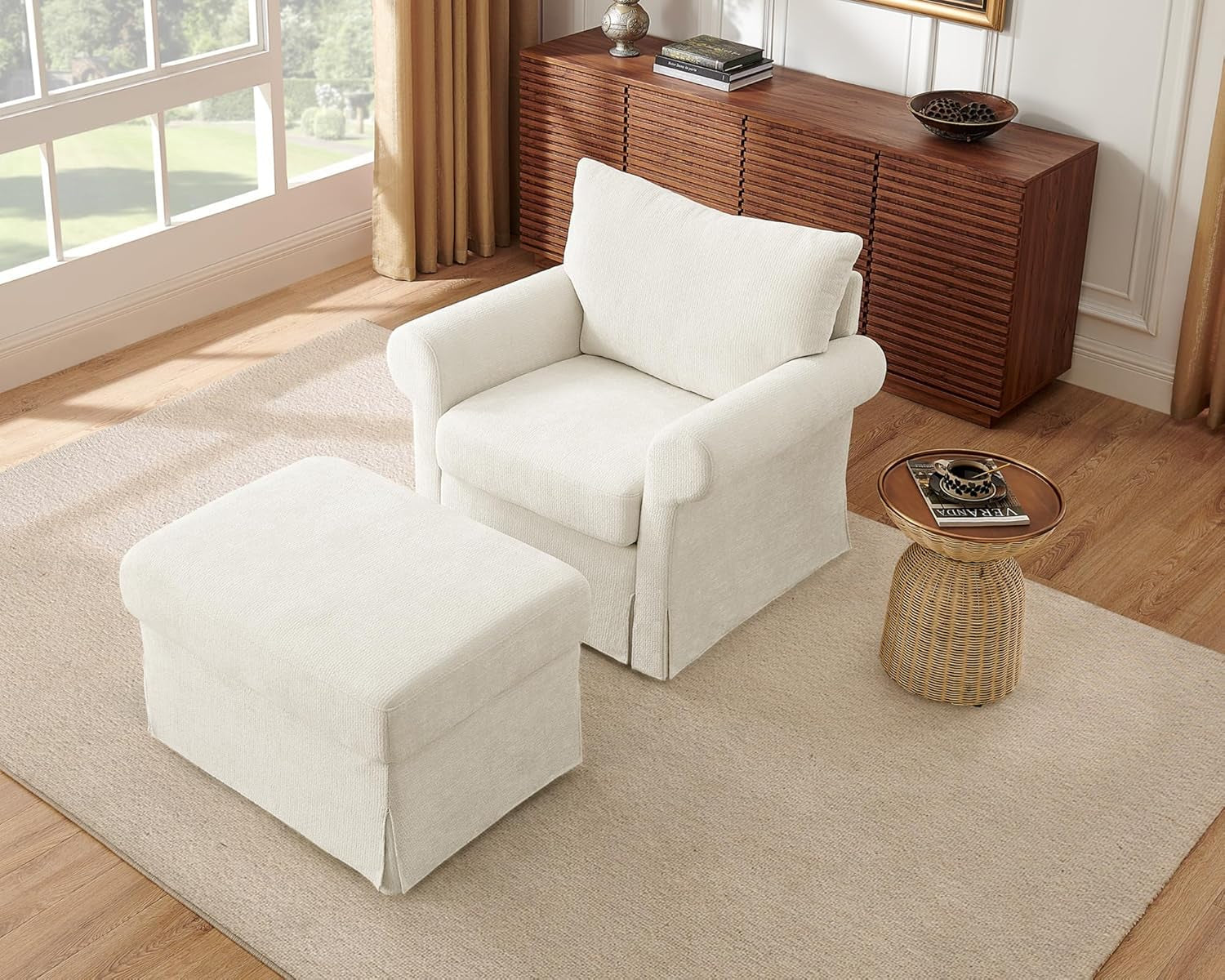 Beige Chenille Contemporary Chair & Ottoman - 2 Pc Set