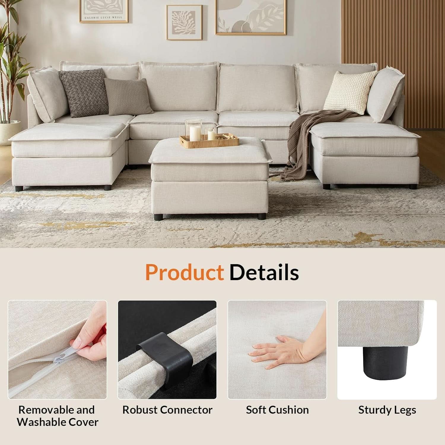 Oversized Modular Cloud Sectional Sofa w/ Storage Ottoman - Beige