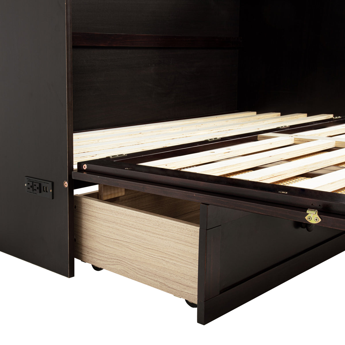 Queen Size Murphy Bed, Pine Wood with Power Station and Rattan Decoration Panel - Espresso
