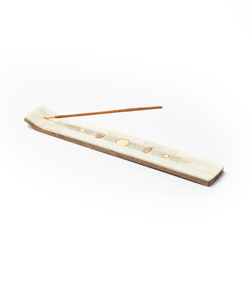 Indukala Moon Phase Incense Holder - Hand Carved Wood & Bone