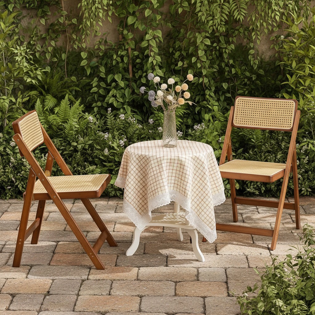Set Of 2 Walnut Rattan Indoor/Outdoor Folding Chairs