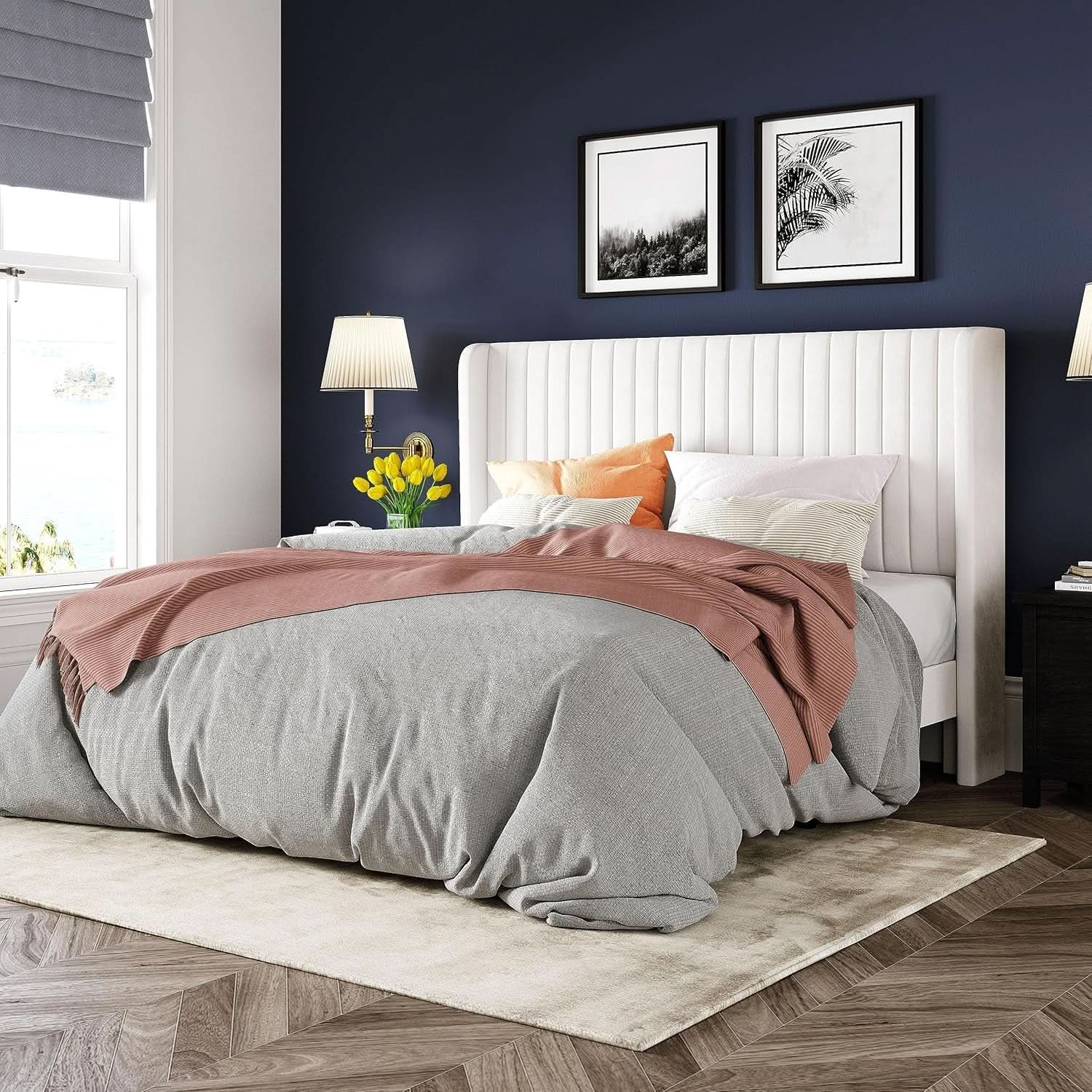 Full Size Bed Frame With Wingback Tufted Headboard in White Velvet
