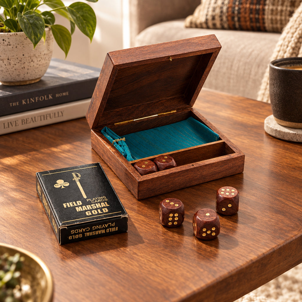 Handcrafted Game Night Box With Wooden Dice & Set of Playing Cards
