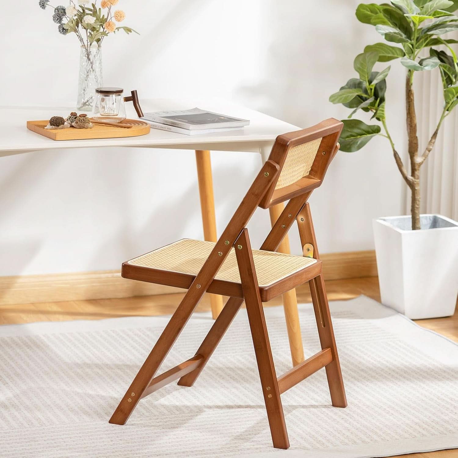 Rattan Folding Chair with Walnut Frame For Indoor/Outdoor Dining