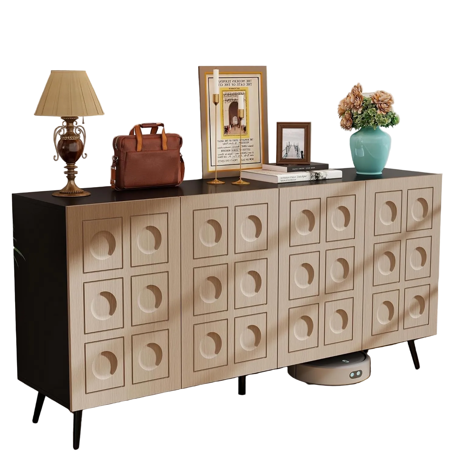 63 Inch Oak And Black Mid Century Modern Sideboard