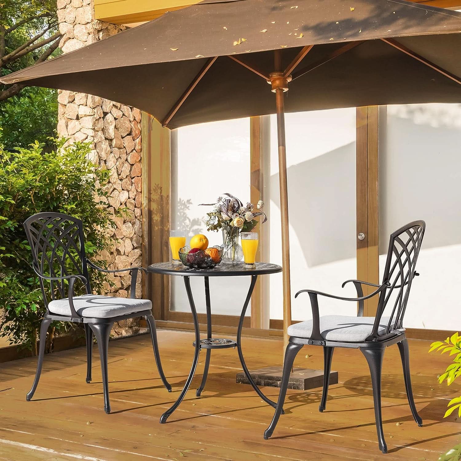 3 Piece Outdoor Cast Aluminum Bistro Set - Black with Gray Cushions
