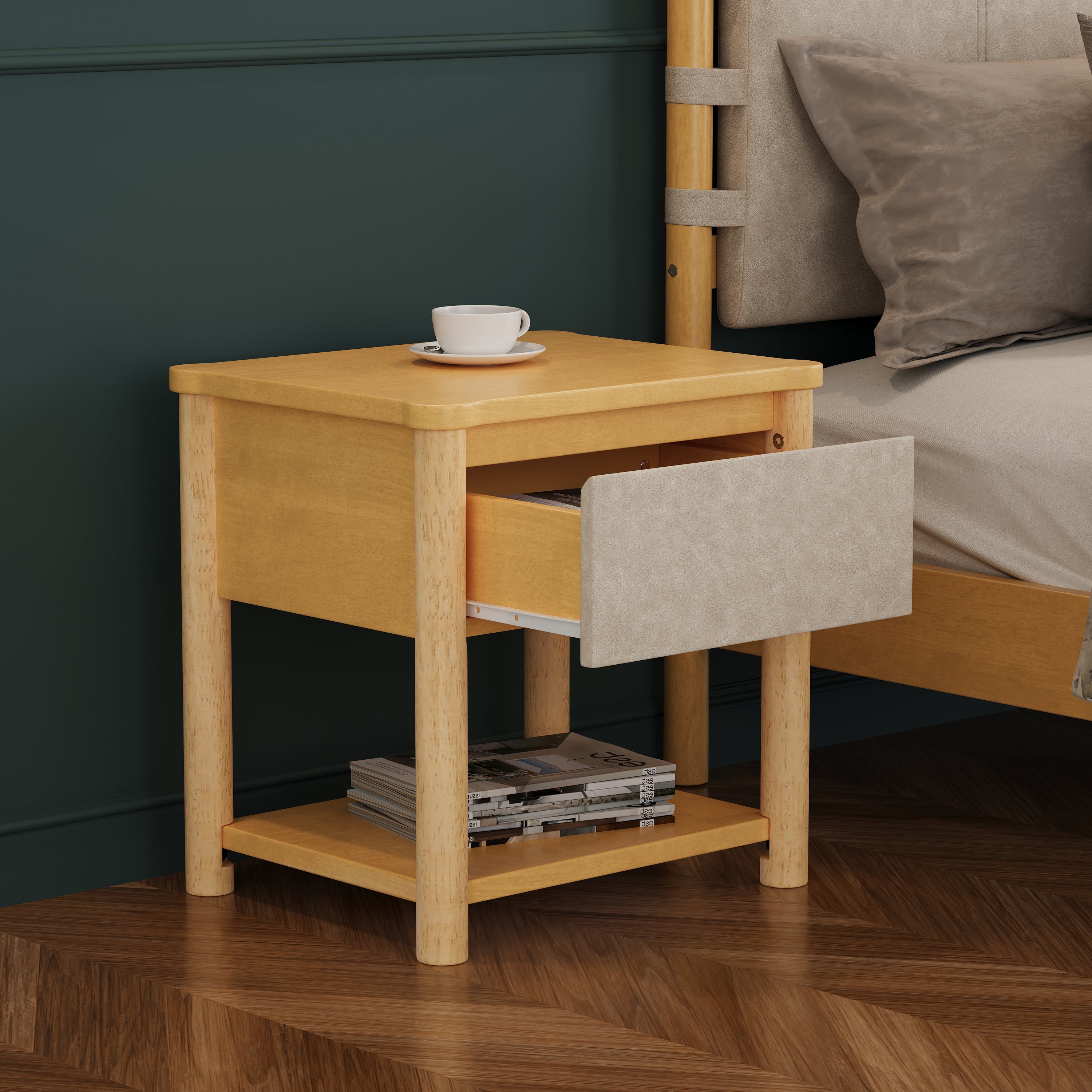 Modern Queen Bed Frame Set with 2 Nightstands - Beige Wood