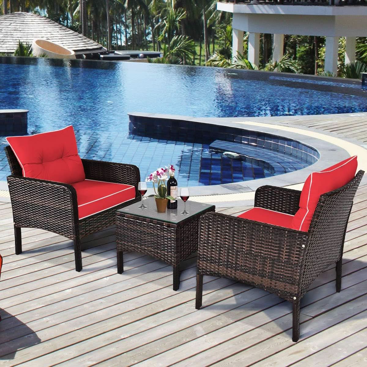 3 Piece Wicker Patio Conversation Set With Red Cushions