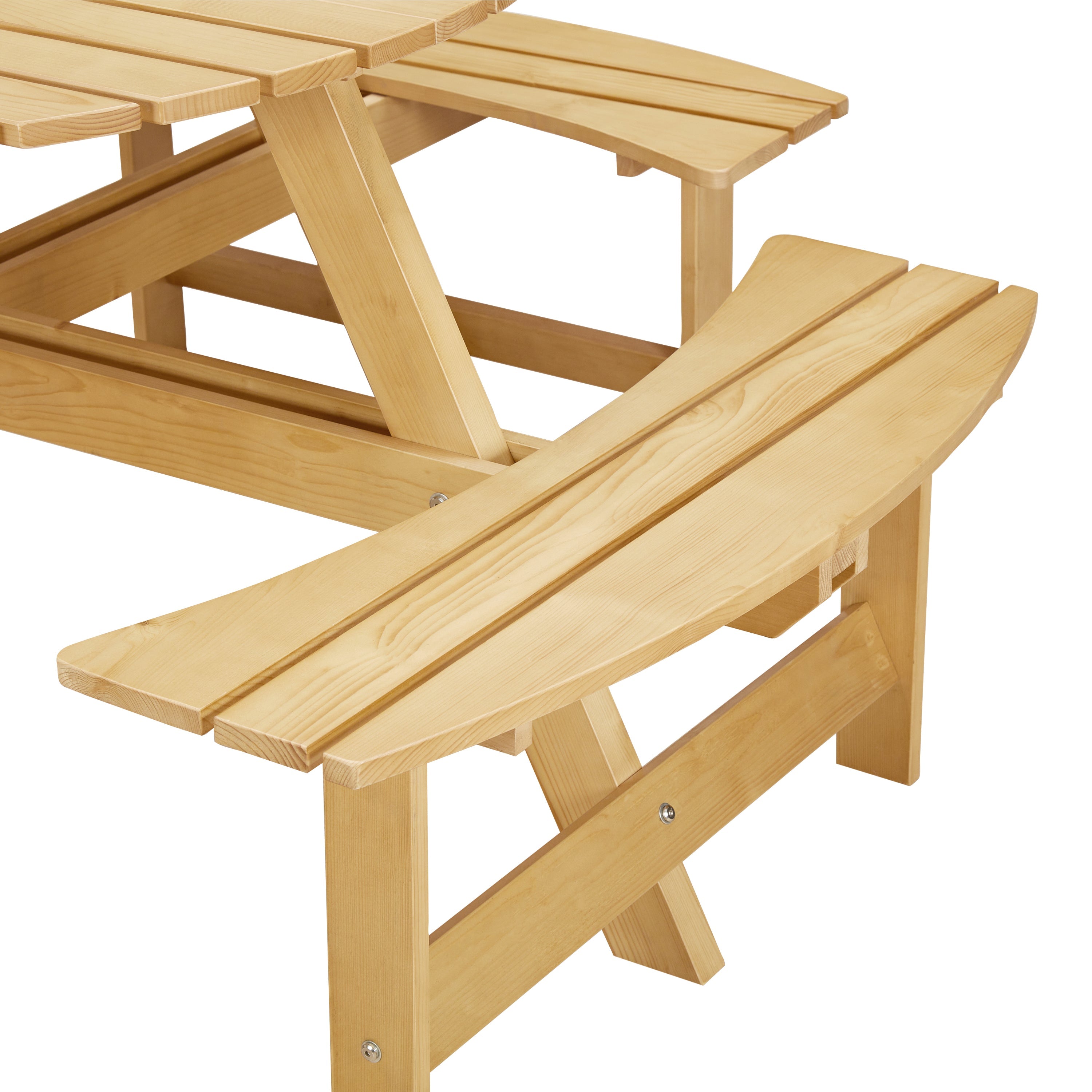 8-Person Round Picnic Table with 4 Built-in Benches - Natural Finish