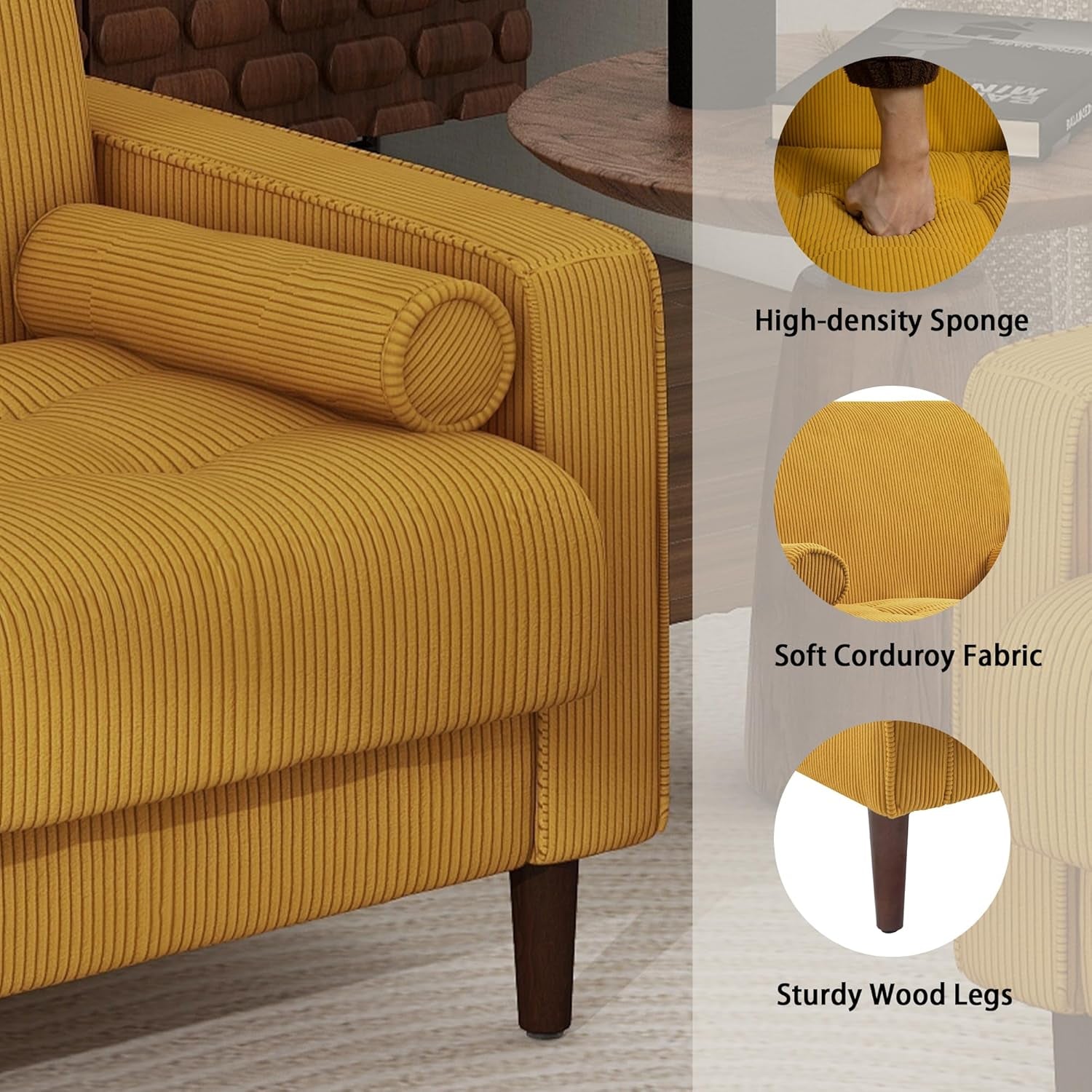 Mid Century Modern Oversized Corduroy Accent Chair in Yellow