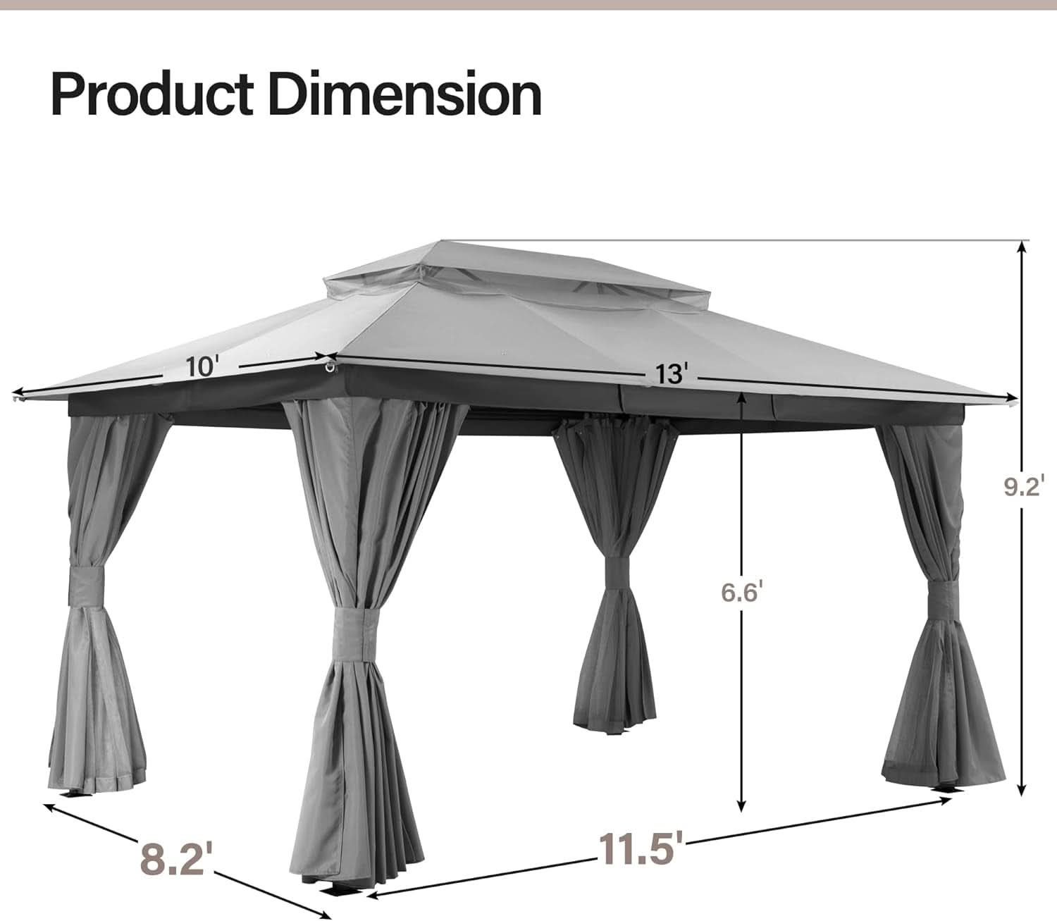 10 x 13 ft Outdoor Gazebo With Mosquito Netting - Gray