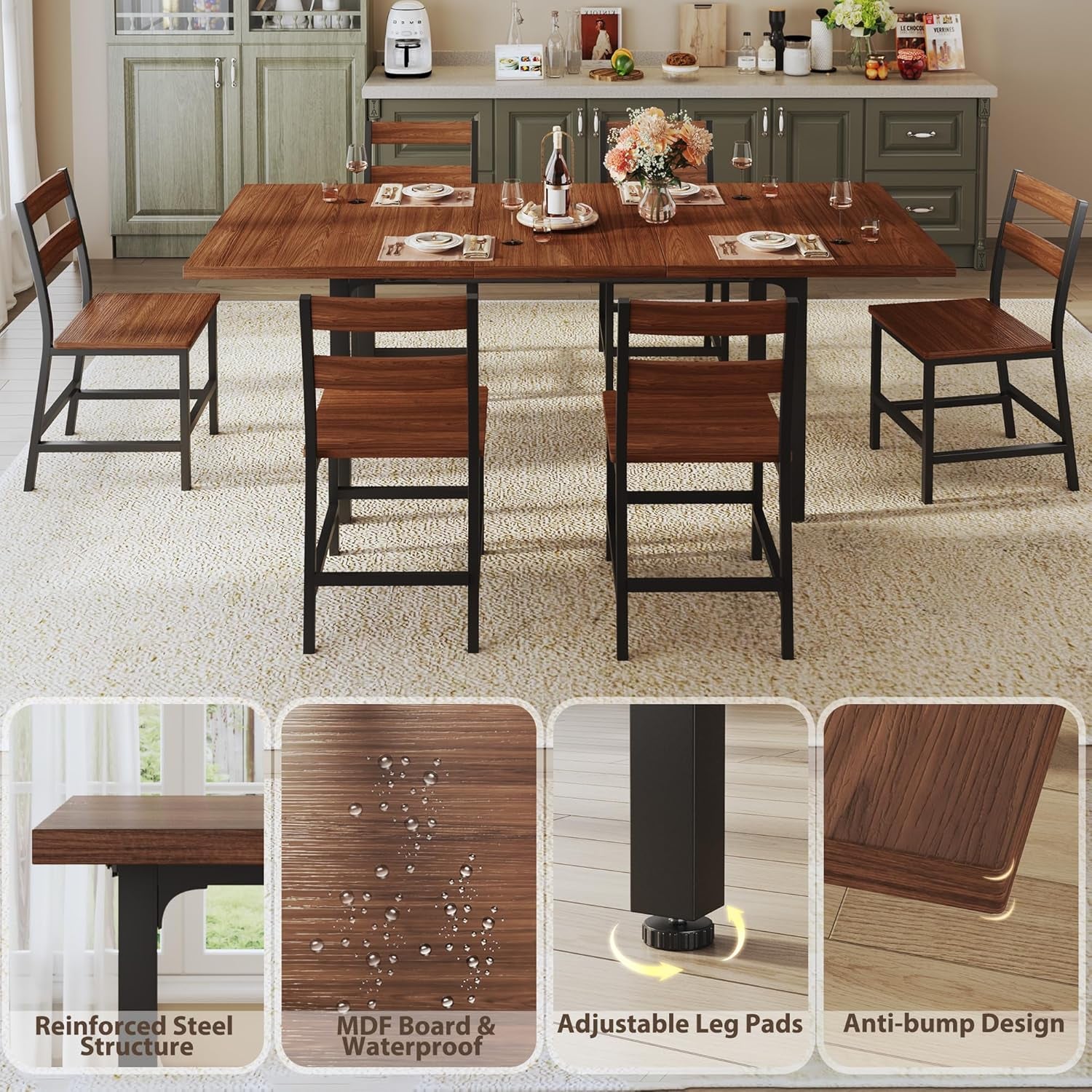 Walnut 63 Inch Extendable Dining Table Set For Six