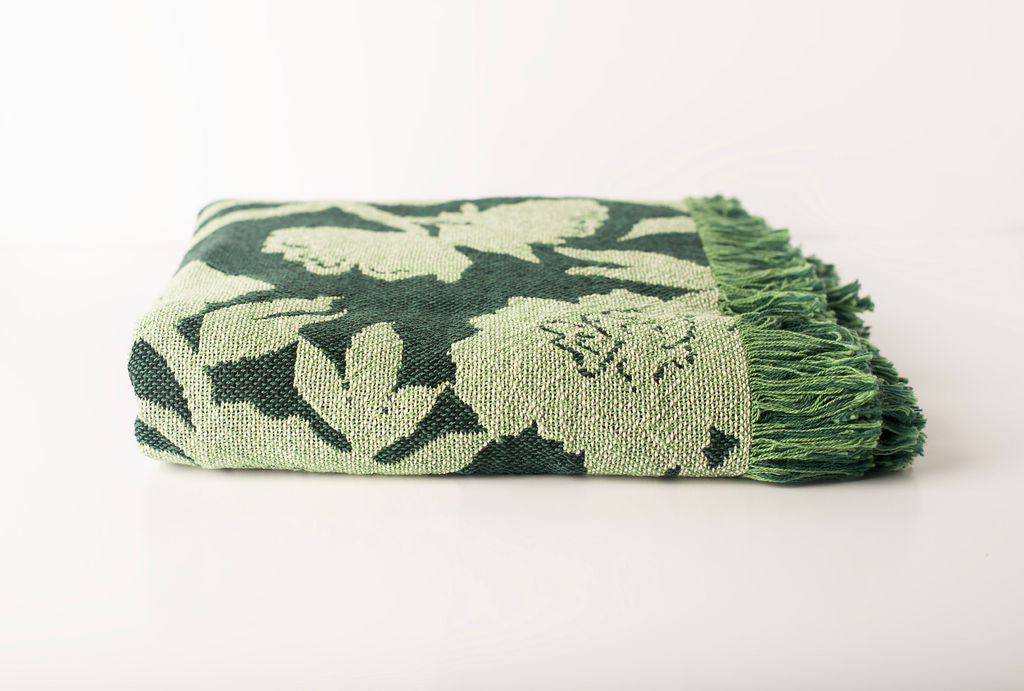 Green Floral Jacquard Woven Throw